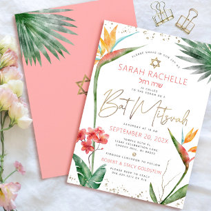 Convites Tropical Bat Mitzvah Dourado Script Flora Aquarela
