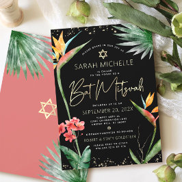Convites Tropical Bat Mitzvah Preto Dourado Floral Aquarela