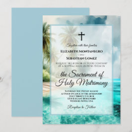 Convites Tropical Beach Coastal Watercolor Catholic Wedding