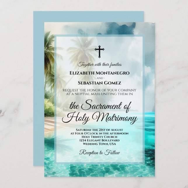 Convites Tropical Beach Coastal Watercolor Catholic Wedding (Frente/Verso)