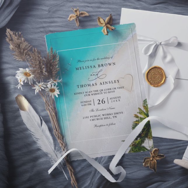 Convites Tropical Beach Monogram Modern QR Code Wedding (Criador carregado)