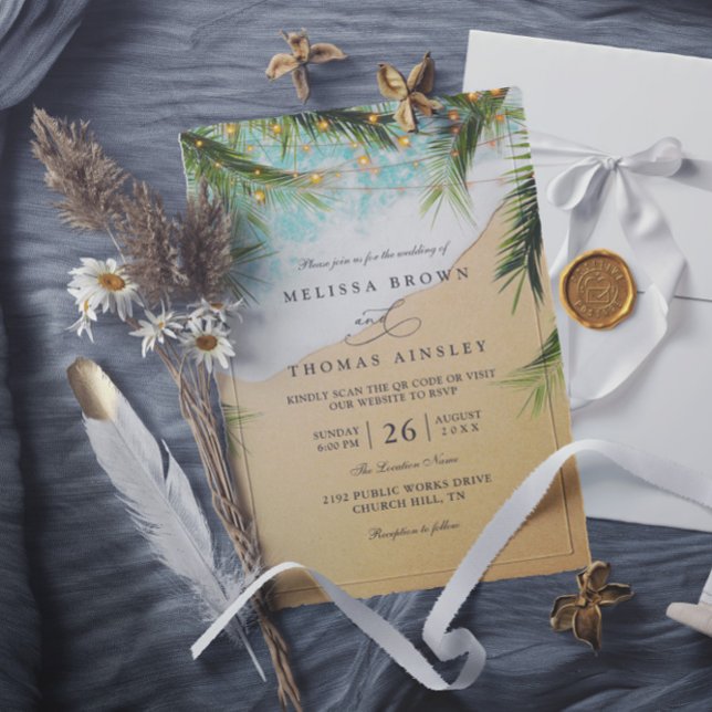 Convites Tropical Beach Palm Lights Photo QR Code Wedding (Criador carregado)