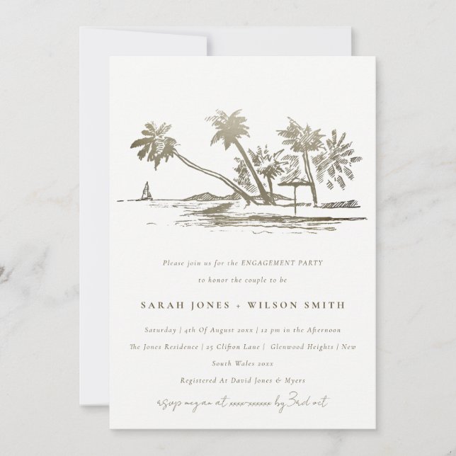 Convites Tropical Beach Palm Tree Sketch Gold Engagement (Frente)