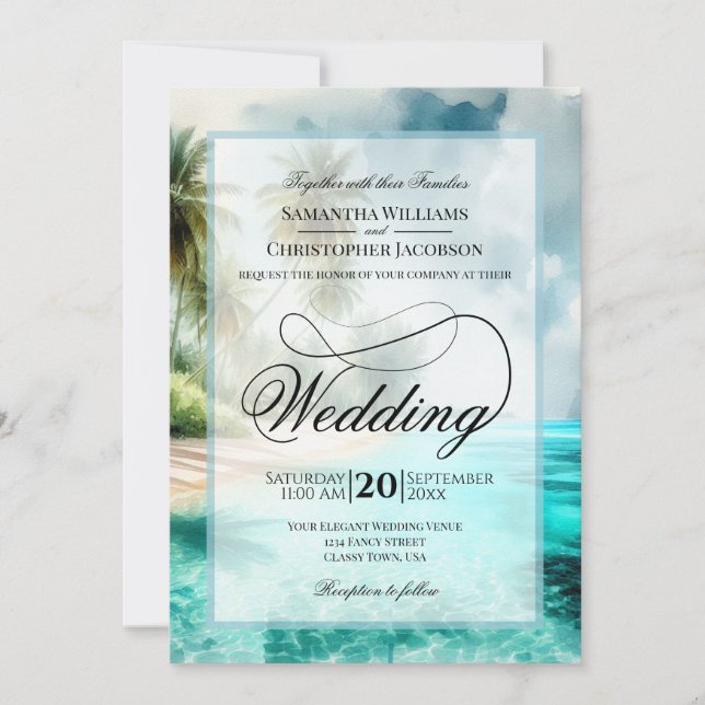 Convites Tropical Beach Watercolor Fancy Script Wedding (Frente)