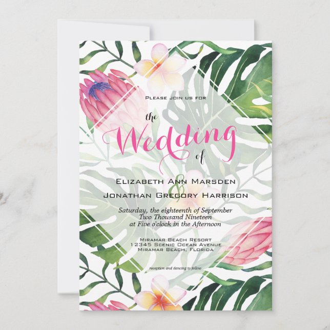 Convites Tropical Beach Wedding Pink Protea Floral Greenery (Frente)