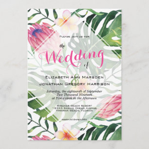 Convites Tropical Beach Wedding Pink Protea Floral Greenery