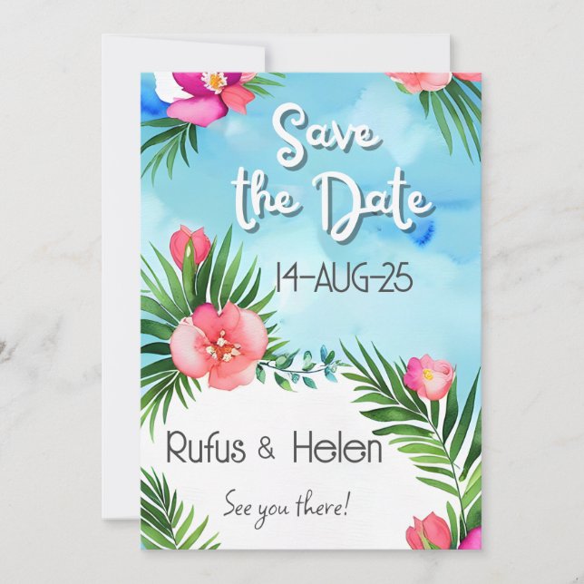 Convites Tropical Blooms Summer Beach Wedding Save the Date (Frente)
