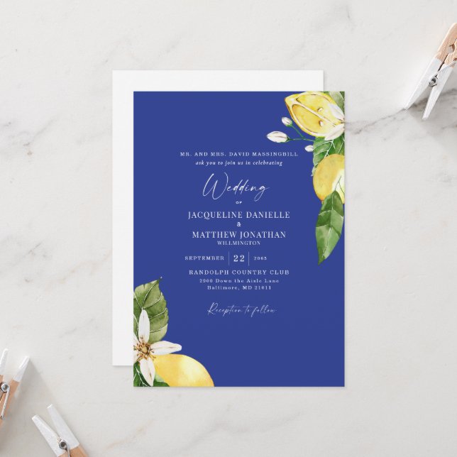 Convites Tropical Blue Watercolor Lemons Wedding  (Frente/Verso In Situ)