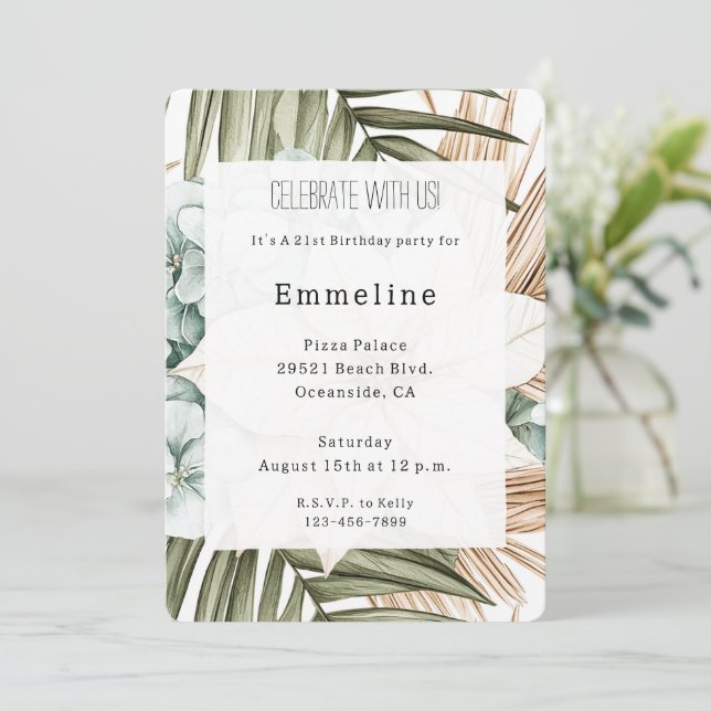 Convites Tropical Blue White Flowers Birthday   (Em pé/Frente)