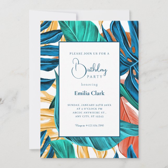 Convites Tropical Blue yelllow leaves birthday (Frente)