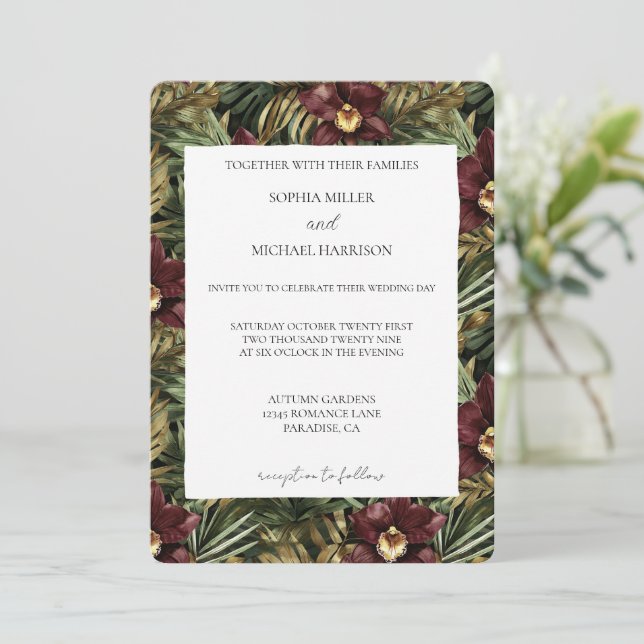 Convites Tropical Burgundy Red Wine Orchid Floral Wedding (Em pé/Frente)