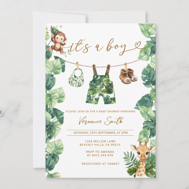 Convites  Tropical clothesline Boy Baby Shower (Frente)