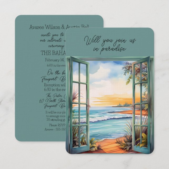 Convites Tropical de Paraíso da Cena de Praia Aberta (Frente/Verso)