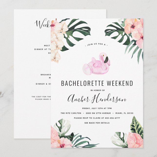 Convites Tropical Flamingo Bachelorette Itinerary (Frente/Verso)