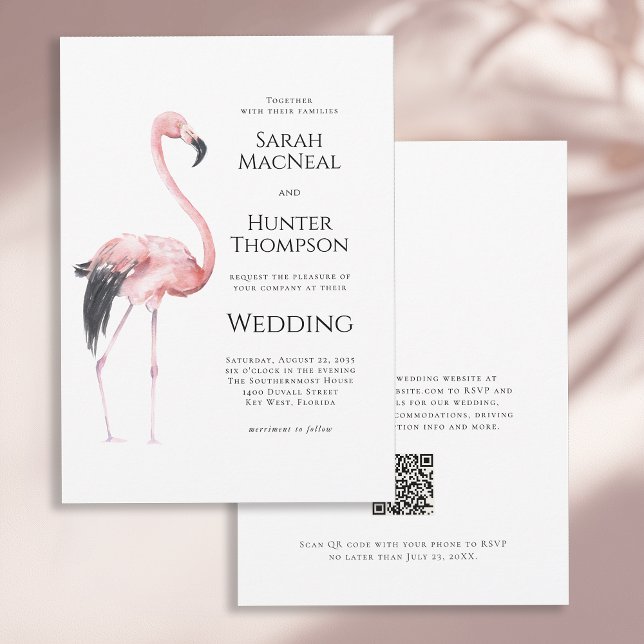 Convites Tropical Flamingo Beach Wedding QR code (Criador carregado)