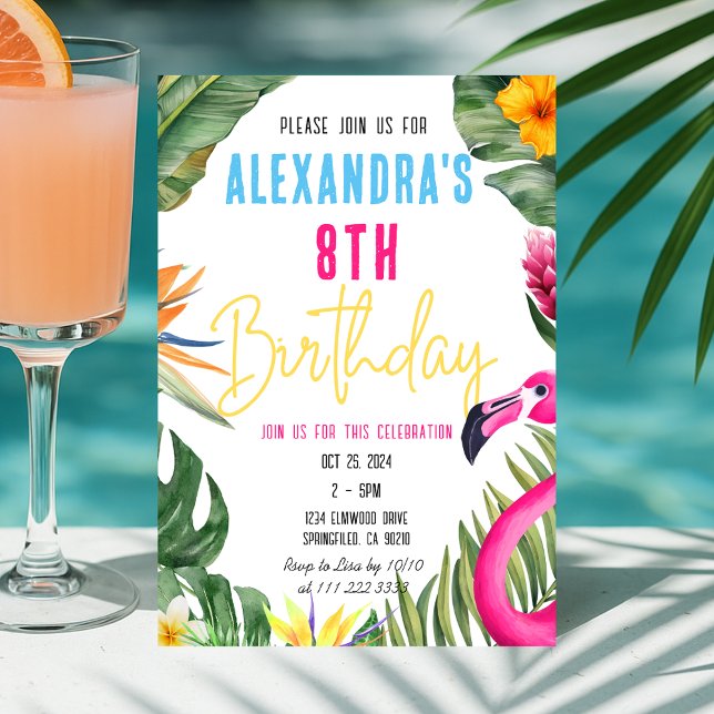 Convites Tropical Flamingo Floral Girl Luau Aniversário de  (Tropical Flamingo Floral Girl Luau Kids Birthday Invitation)