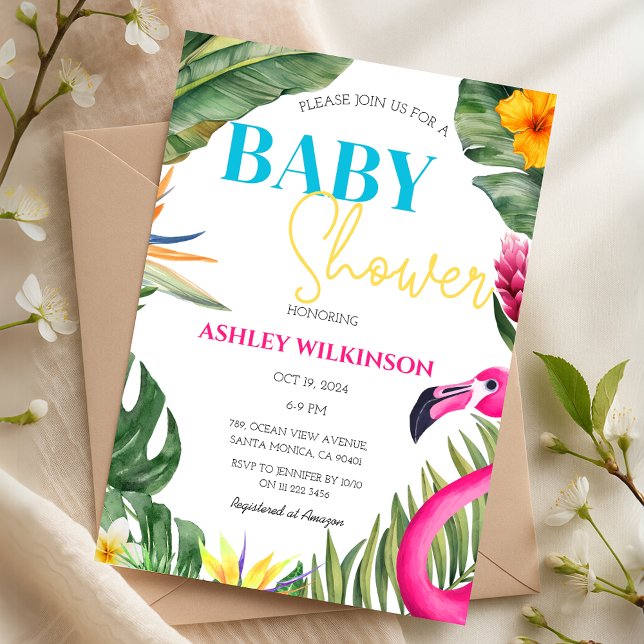 Convites Tropical Flamingo Summer Floral Chá de fraldas (Tropical Flamingo Summer Floral Baby Shower Invitation)