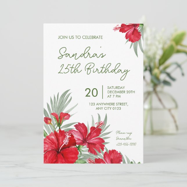 Convites Tropical Floral 25th Birthday Invitation (Em pé/Frente)