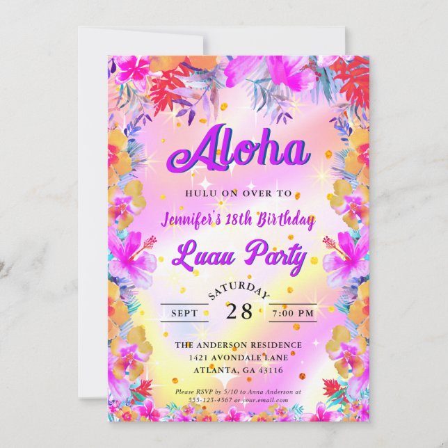 Convites Tropical Floral Aloha Luau Birthday (Frente)