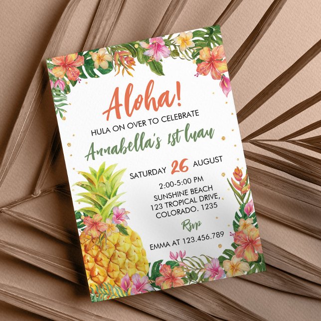Convites Tropical Floral Aloha Primeiro Luau Aniversário (Criador carregado)