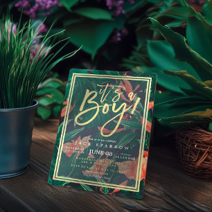 Convites Tropical Floral Dourada Frame Chá de fraldas Hava