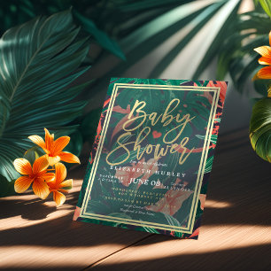 Convites Tropical Floral Dourada Frame Chá de fraldas Havai