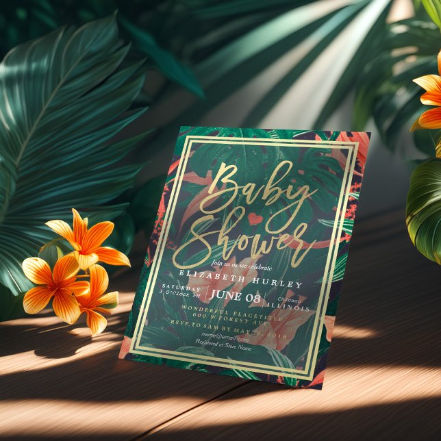 Convites Tropical Floral Dourada Frame Chá de fraldas Havai (Criador carregado)