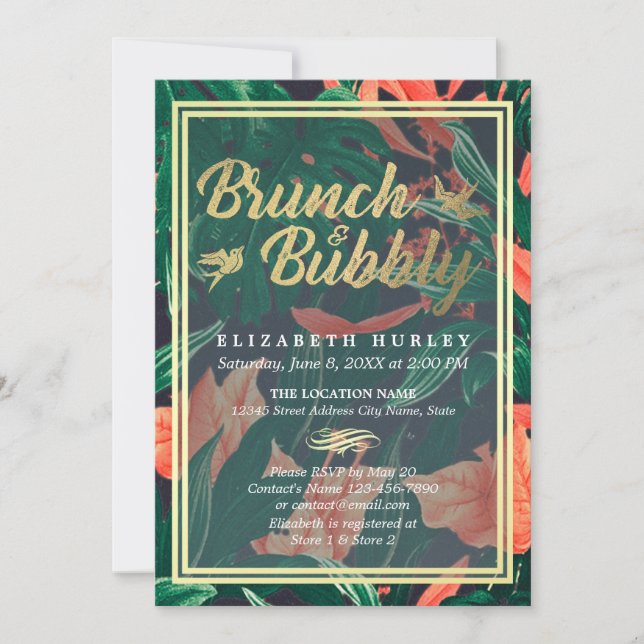 Convites Tropical Floral Dourada Frame Chá de panela Havaia (Frente)