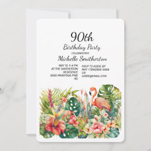 Convites Tropical Floral Flamingo 90 Birthday