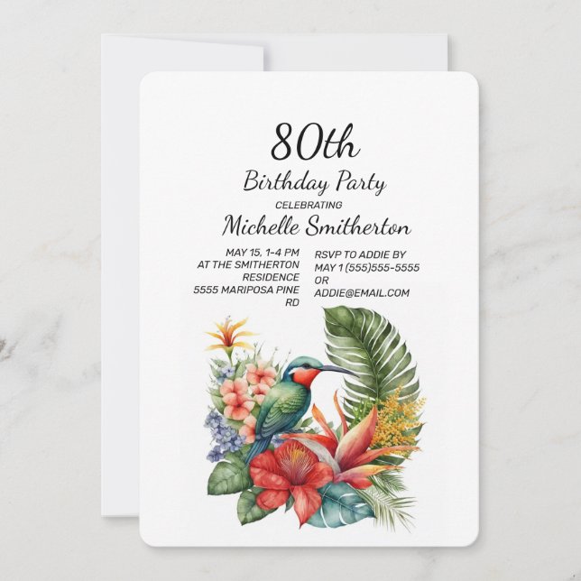 Convites Tropical Floral Hummingbird 80 Birthday (Frente)