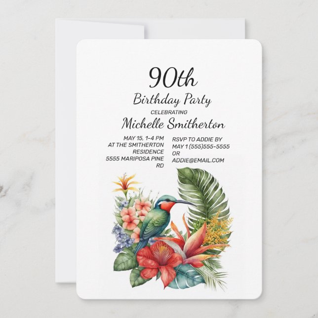 Convites Tropical Floral Hummingbird 90 Birthday (Frente)