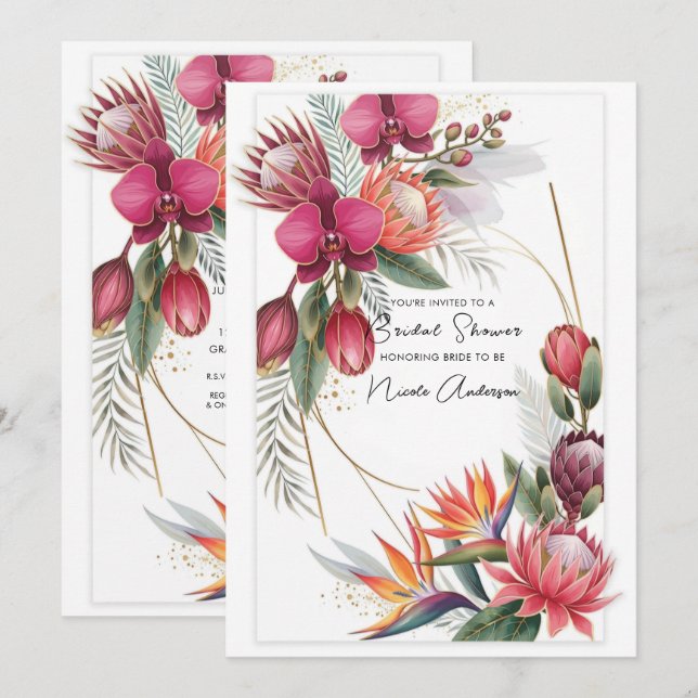 Convites Tropical Floral Paradise Botanical Gold  (Frente/Verso)