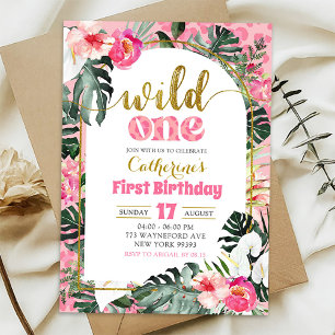 Convites Tropical Floral Rosa Selvagem Primeiro Aniversário