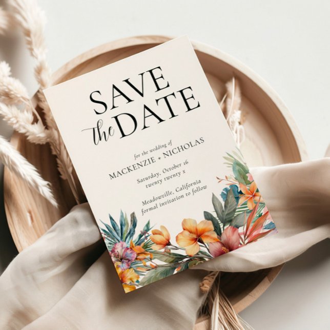 Convites Tropical Floral Salvar a Data (tropical wedding save the date white)