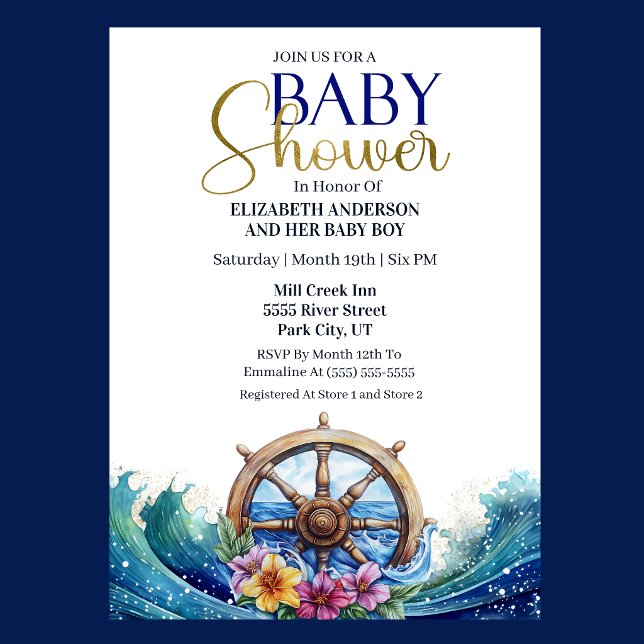 Convites Tropical Flower Sailing Wheel Boy Baby Shower (Nautical Baby Shower invitation with ship wheel, ocean waves, and tropical flowers )