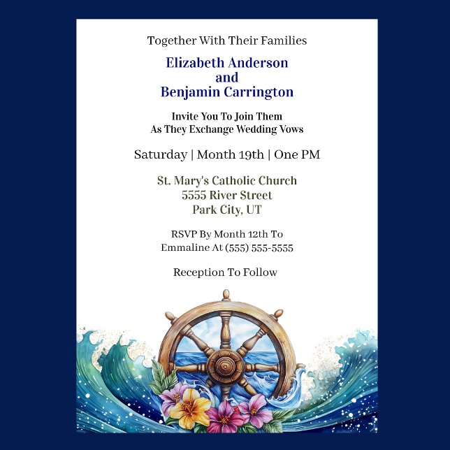 Convites Tropical Flower Sailing Wheel Nautical Wedding (Nautical wedding invitation with ship wheel, ocean waves, and tropical flowers )