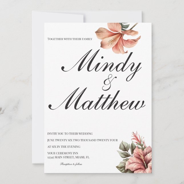 Convites Tropical Flowers Black and White Script Wedding (Frente)