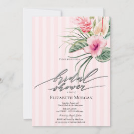 Convites Tropical Flowers Pink Stripes Bridal Shower