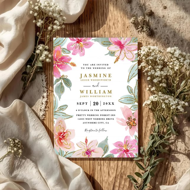 Convites Tropical Glitter Flowers Elegant QR Code Wedding (Criador carregado)