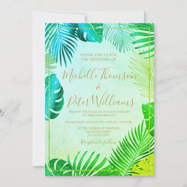 Convites tropical gold watercolor wedding (Frente)