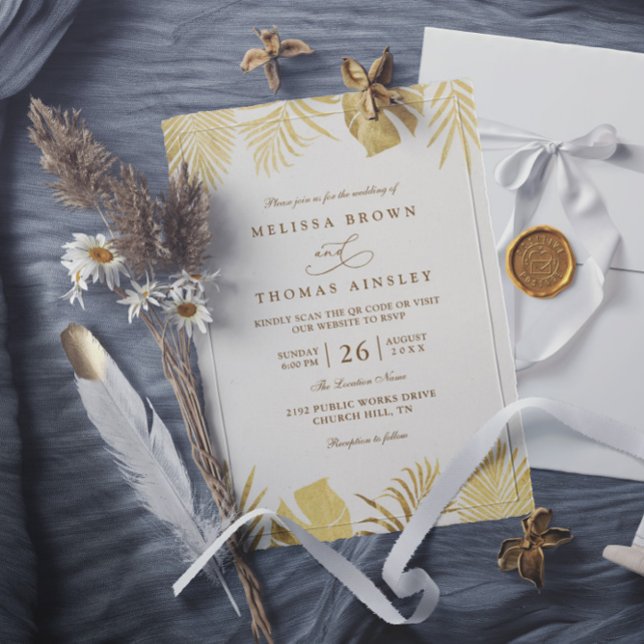Convites Tropical Golden Paradise Elegant QR Code Wedding (Criador carregado)