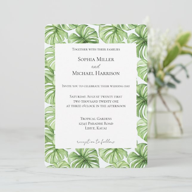 Convites Tropical Green Leaves Wedding (Em pé/Frente)