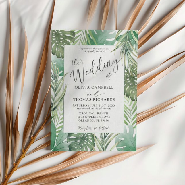 Convites Tropical Green Watercolor Palm Wedding (Criador carregado)