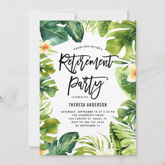 Convites Tropical Greenery and Plumeria Retirement Party (Frente)