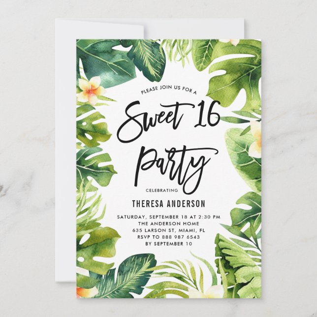 Convites Tropical Greenery and Plumeria Sweet 16 Party (Frente)