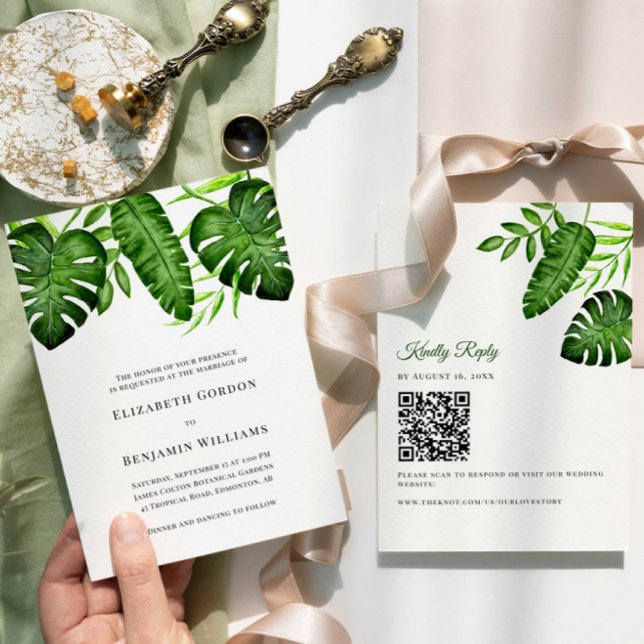 Convites Tropical Greenery Wedding QR Code RSVP Botanical (Criador carregado)