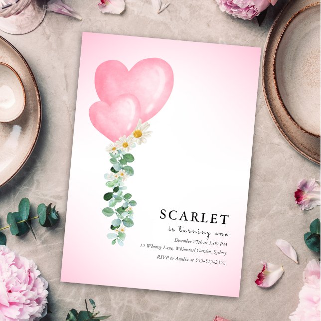 Convites Tropical hearts balloons simple first birthday   (Criador carregado)