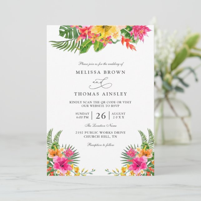 Convites Tropical Hibiscus Floral Elegant QR Code Wedding (Em pé/Frente)