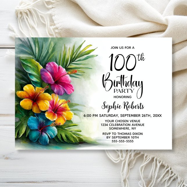 Convites Tropical Hibiscus Flowers 100th Birthday Party (Criador carregado)