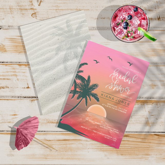 Convites Tropical Isle Sunrise Wedding Pink ID581 (Front/Back In Situ)